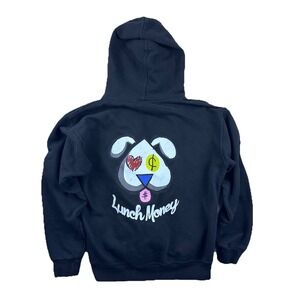 Mens Large Black Pullover Hoodie Retro Streetwear Dog Heart Dollar Graphic Print